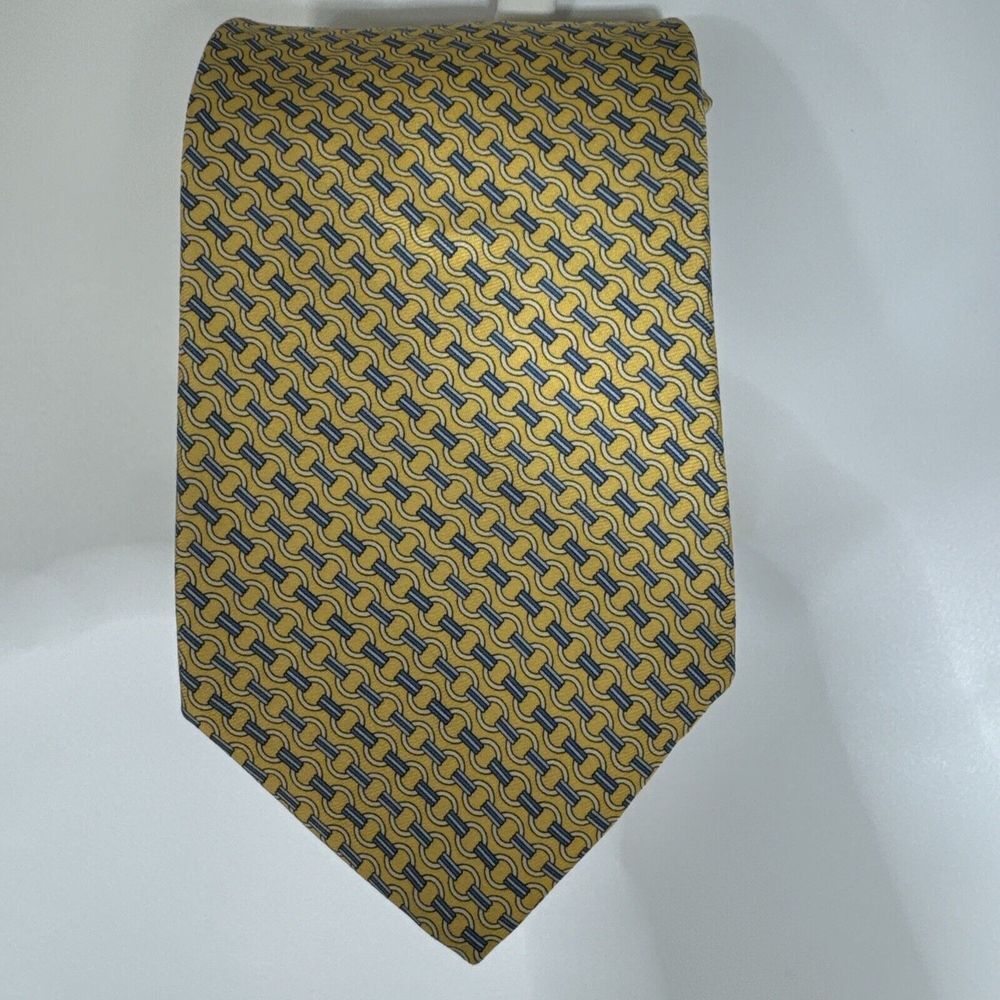 Brooks Brothers Makers Mens Silk Tie Gold Blue‎ Geometric Chain Link Made in USA